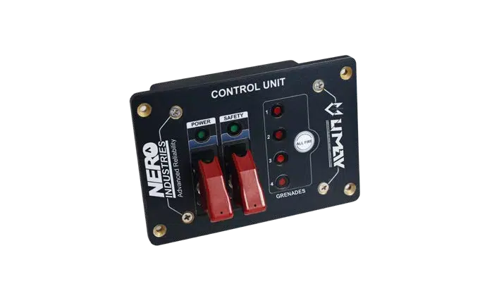 The UMAY DC-6 CONTROL UNIT enables automatic and manual smoke grenade launching, providing flexibility in operation. It also features a Built-In Test Function (BIT), which allows for easy maintenance and monitoring of the system.