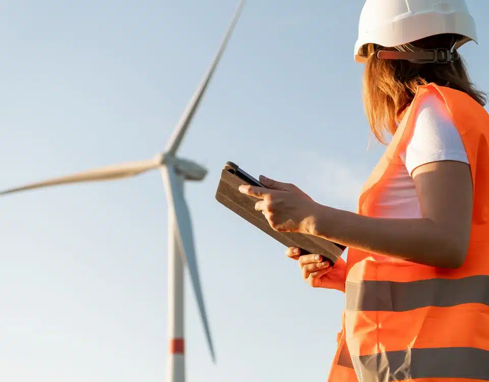 Female an engineer in a helmet and an orange vest controls the operation of a wind turbine using a tablet on the sky background